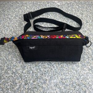 Zipit Hip Bag Fanny Pack Black Multi Color Doodle Print Adjustable Strap Canvas